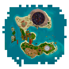 Mappa dello spawn vista dall'alto: il cratere PvP a nord, il Black Market a nord-ovest, il Mercato del Tramonto sull'isola a ovest, la Darsena sui moli al centro, e a sud Utility, Intro e la cupola dello Spawn
