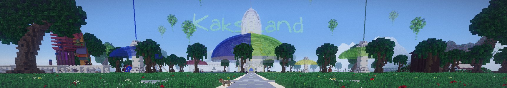 Lo spawn del vecchio Kaksiland: la cupola nei colori del logo e la scritta Kaksiland sopra gli alberi