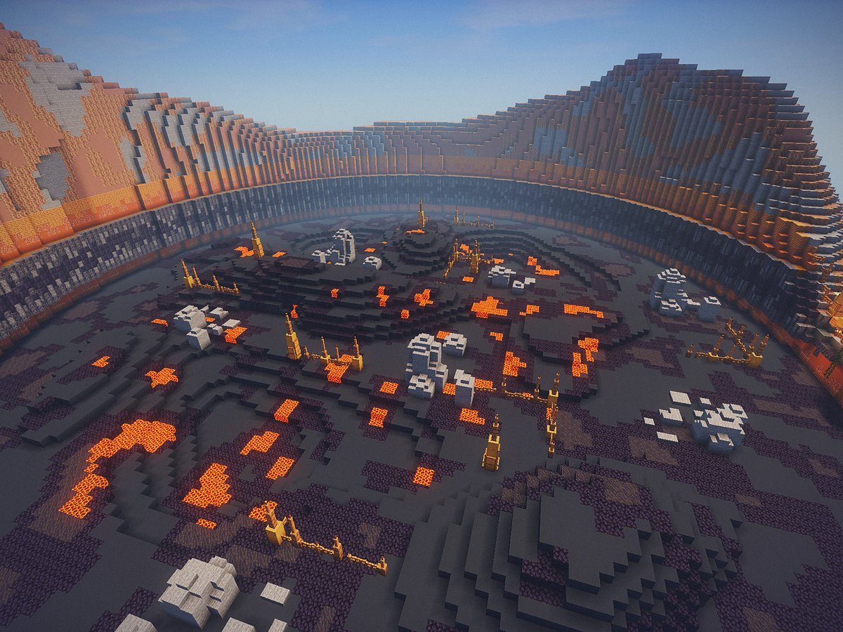 L'arena PvP nel fondo del cratere: roccia scura e chiazze di lava